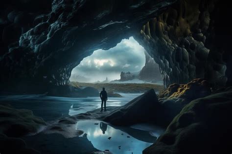 Premium Ai Image A Man Stands In A Cave Looking Out Into A Dark Blue Sky