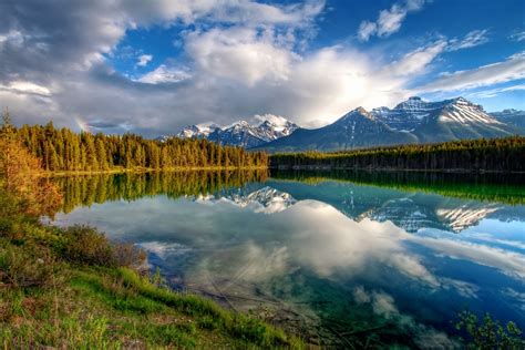Free Wallpapers Mountain Forest Sky Clouds Rainbow Lake Reflection