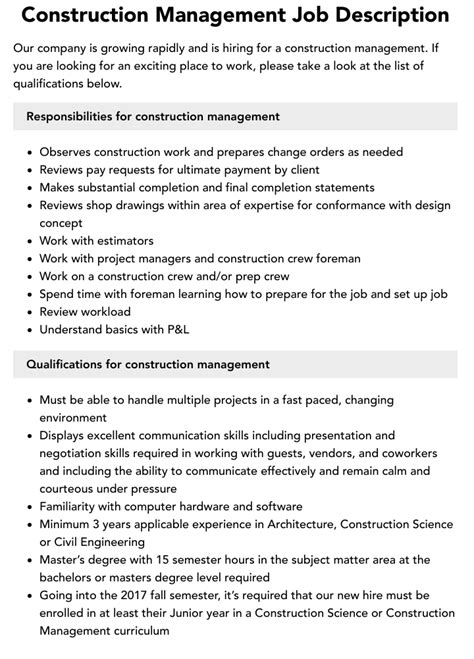 Construction Management Job Description Velvet Jobs