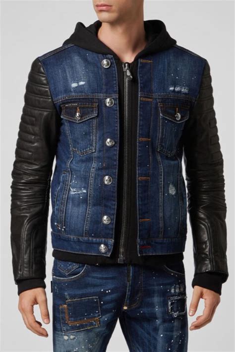 Cool Hooded Denim Jacket With Leather Sleeves Denim Jacket Men