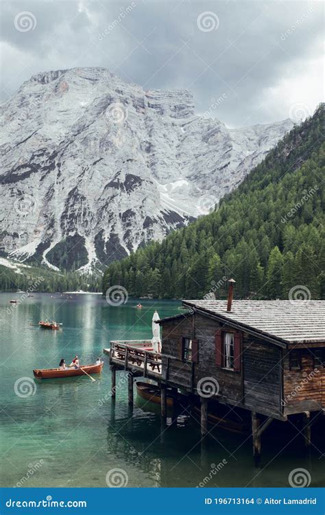 Wooden House In Lago Di Braies Dolomites Alps Italy Editorial Stock
