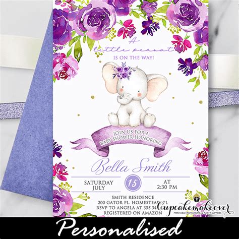 Floral Purple Baby Shower Elephant Invitations Cupcakemakeover