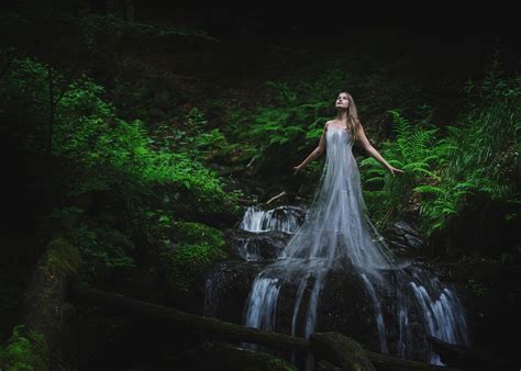 Sunlight Forest Waterfall Women Fantasy Art Night Water Nature