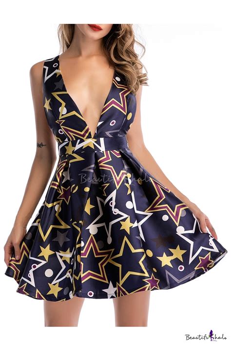Sexy Geometric Printed V Neck Hollow Out Back Sleeveless Mini Skater