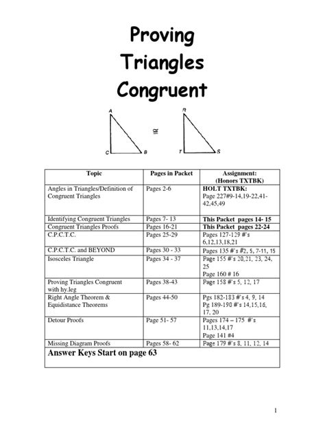 Congruent Triangles Packet 2013 With Correct Answers Triangle