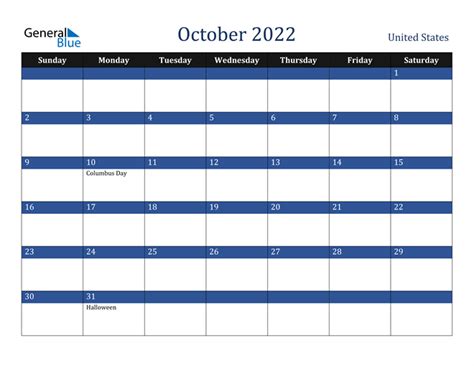 United States October 2022 Calendar With Holidays