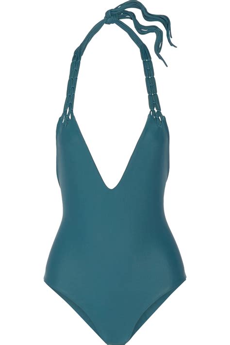Mikoh Swimwear Topanga Macramé Trimmed Halterneck Swimsuit In Blue