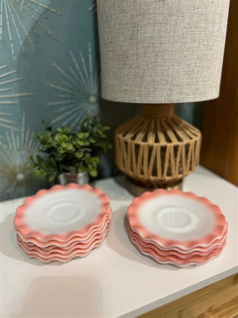 Vintage Hazel Atlas Ripple Crinoline Pink Saucer Plates Sold In Pairs