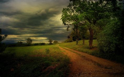 Nature Landscape Dirt Road Clouds Trees Grass Shrubs Wallpapers