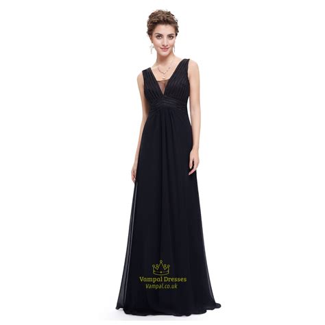 Black Chiffon Floor Length Sleeveless V Neck Empire Waist Prom Dress