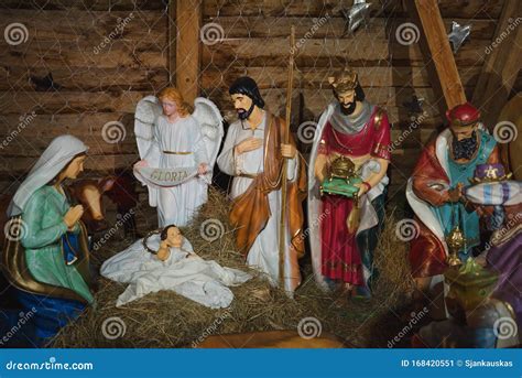 Christmas Nativity Scene With Baby Jesus Mary And Three Kings In Barn