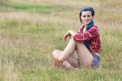 Beautiful Woman Sitting On Meadow Stock Image Image Of Girl Attractive 46504209