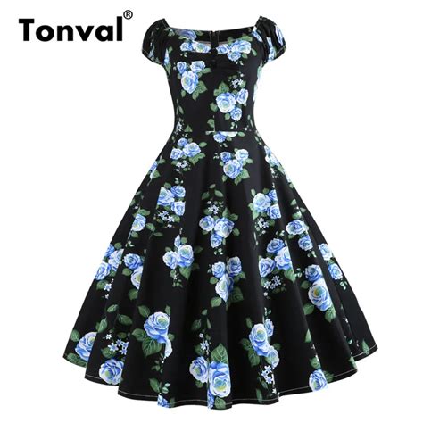 Tonval Pin Up A Line Plus Size Blue Floral Dress Button Ruched V Neck Party Elegant Dresses