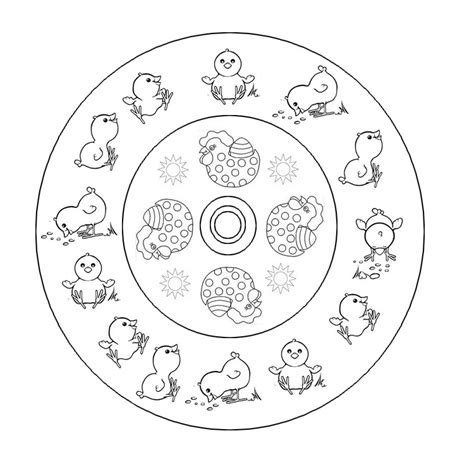 Ostermandala mit dem osterhasen zum ausdrucken und ausmalen. Coloriage Mandalas de Paques : Poule en chocolat et poussins 4