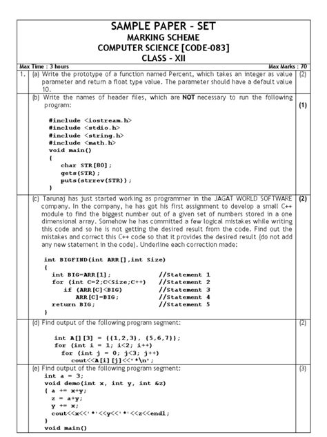 Sample Paper Of Computer Science Class 12 Integer Computer Science