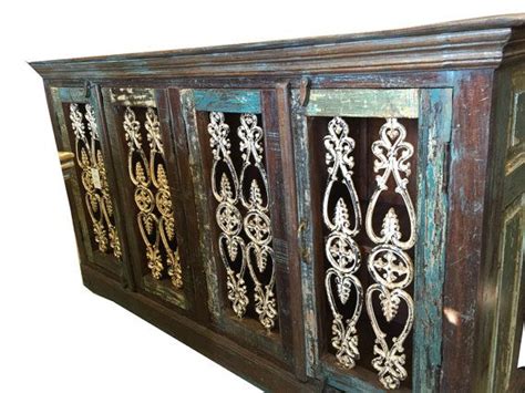 Antique Indian Sideboard Buffet Console Distressed Wood Iron Grill