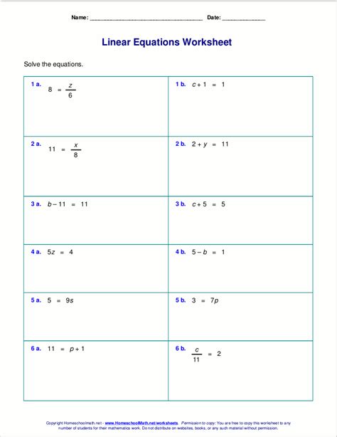 The solver will then show you the steps to help you learn how to solve it on. Free worksheets for linear equations (grades 6-9, pre ...