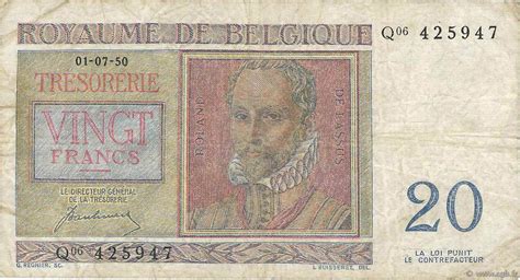 20 Francs Belgio 1950 P132a B760519 Banconote