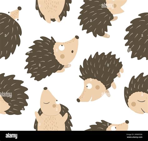 Vector Seamless Pattern Of Hand Drawn Flat Funny Hedgehogs In Different