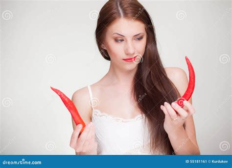 Beautiful Woman Choosing From Chili Peppers Stock Image Image Of