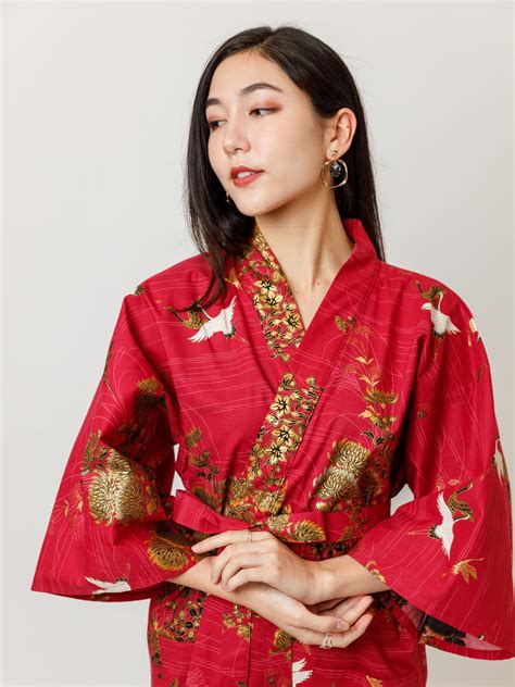 Red Crane Cotton Kimono Robe In Red Japan Objects Store