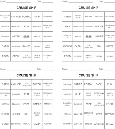 Cruise Ship Bingo Cards Wordmint
