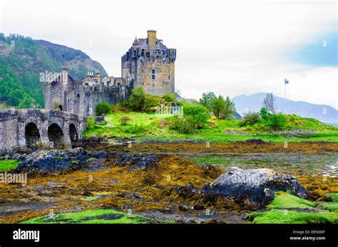 Panoramic View Of Famous Eilean Donan Castle In Scotland Uk Stock