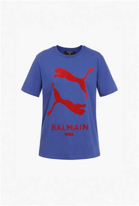 Balmain T Shirts Blaues Balmain X Puma T Shirt Aus Baumwolle Mit Rotem Logo Blau Damen