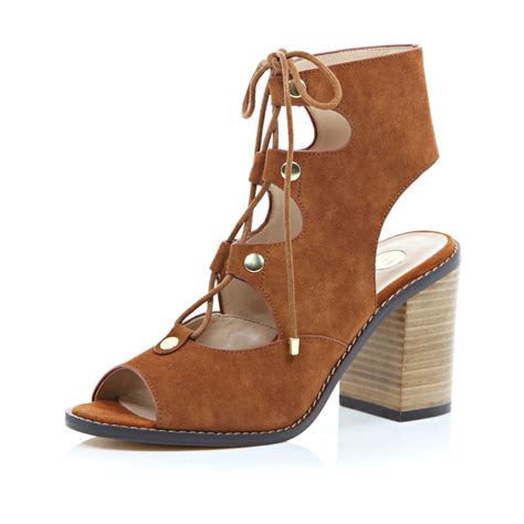 River Island Tan Suede Ghillie Lace Up Heeled Sandals In Brown Lyst