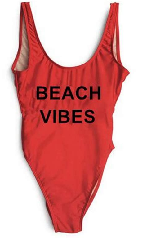 Beach Vibes Black Letter Print Women Funny One Piece Swimsuit Swimwear California Bodysuit