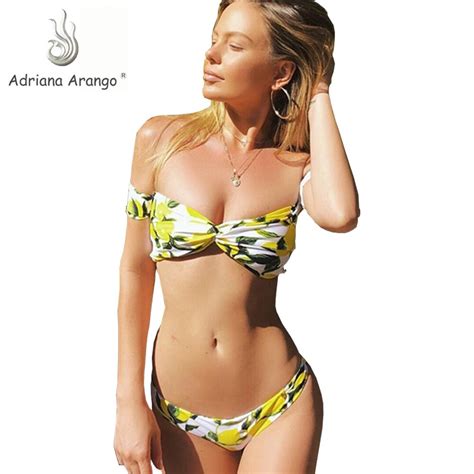 Adriana Arango R 2019 Bandeau Bikini Set Lemon Print Strapless Bathing Suit Off Shoulder Sexy