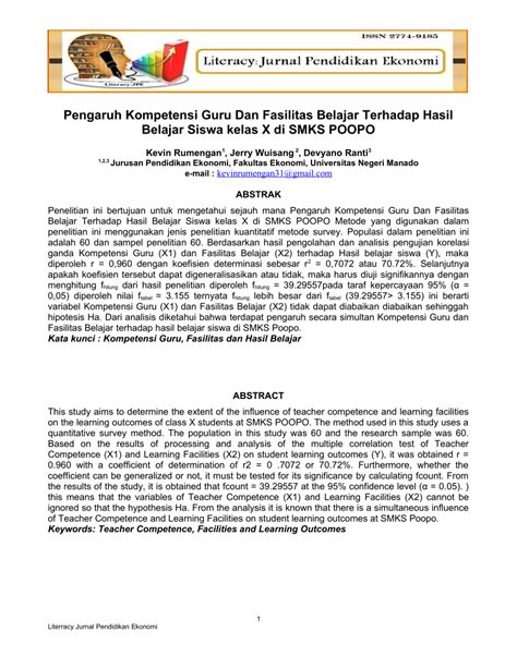 Pdf Pengaruh Kompetensi Guru Dan Fasilitas Belajar Terhadap Hasil