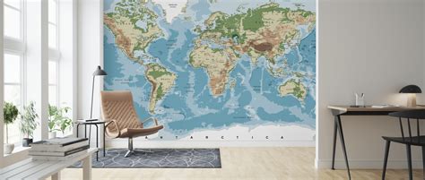 World Map With Elevation Tints Decorate With A Wall Mural Photowall