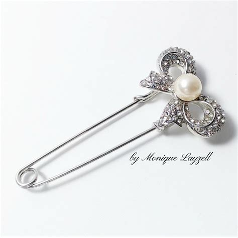 Crystal Bow Silver Pearl Safety Pin Brooch The Zebra Lady Silver Pearls Safety Pin Brooch