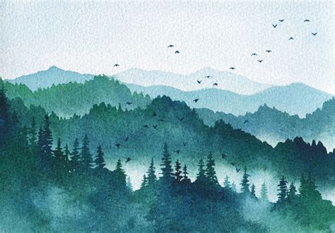 Watercolor Mountains Handpainted Landscape Art Pine Trees Forest