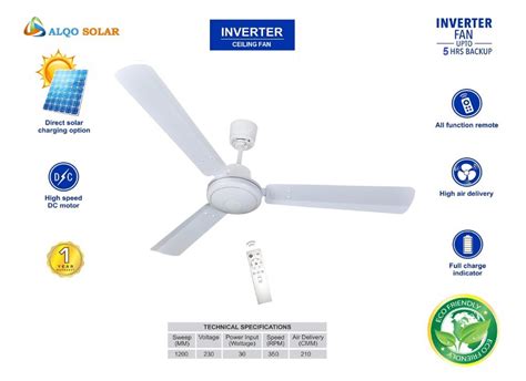 Alqo Solar White Rechargeable Acdc Ceiling Fan Warranty 1 Year Size 1200mm Rs 6000 Piece
