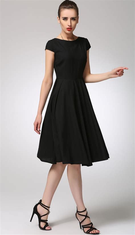 Little Black Dress Knee Length Swing Dress Cap Sleeve Modest Etsyde
