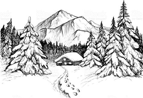 Winter Forest In Mountains Sketch Black And White Vector Forest