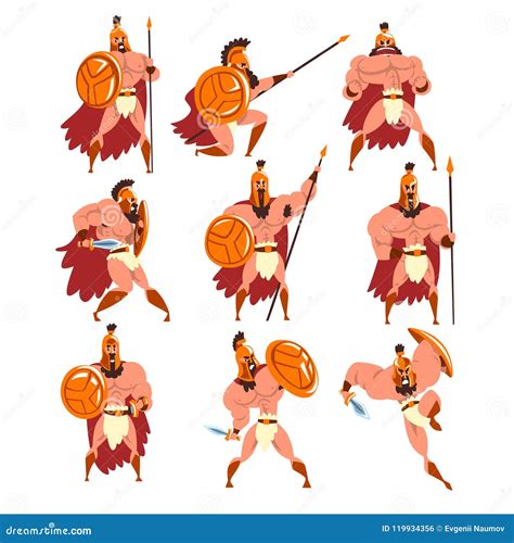 Spartan Warriors In Golden Armor And Red Cape Set Ancient Soldiers