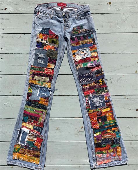 Patchwork Jeans Kantha Made To Order Patchwork Hippie Boho Denim Patch Work Recycled Retro Jeans