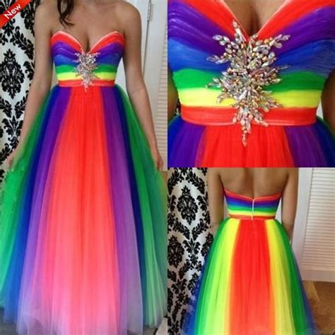 Rainbow Color 2015 Beautiful Prom Dresses Sweetheart Beads Tulle Zipper