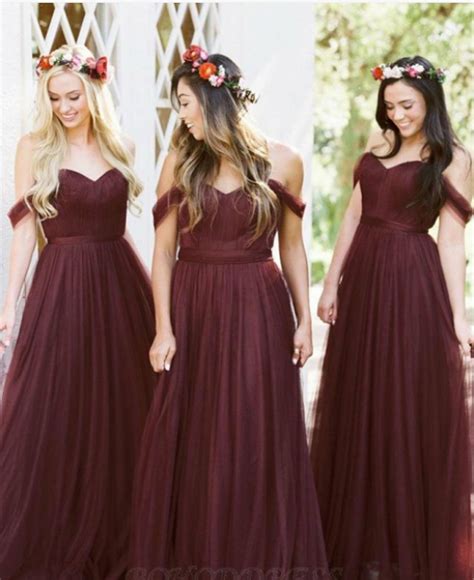 A Line Off The Shoulder Floor Length Burgundy Bridesmaid Dress From