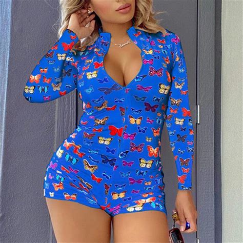 Fashion Sexy Onesies For Adults Women Butterfly Printing Zipper Deep V