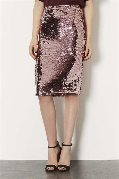 Lyst Topshop Pink Sequin Pencil Skirt In Pink