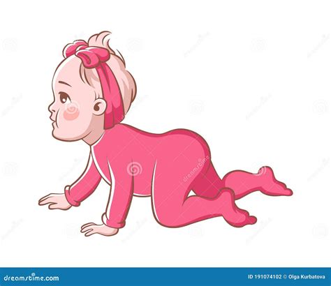 Baby Girl Crawling Cute Infant Character In Pink Clothes And Ribbon