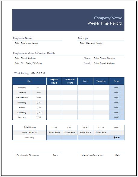Weekly Time Record Sheet Template For Excel Excel Templates