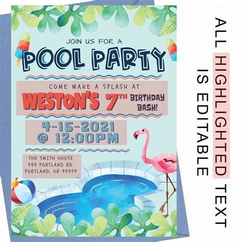 Pool Party Birthday Invitation Swim Party Invitation Etsy