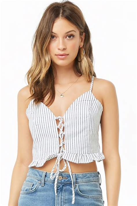 Lace Up Striped Cropped Cami Tank Top Fashion Fashion Clothes