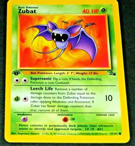 Pokemon Card 1st Edition Zubat 5762 Fossil Set Common Nm