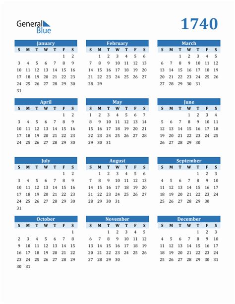 Free 1740 Year Calendar In Pdf Word And Excel
